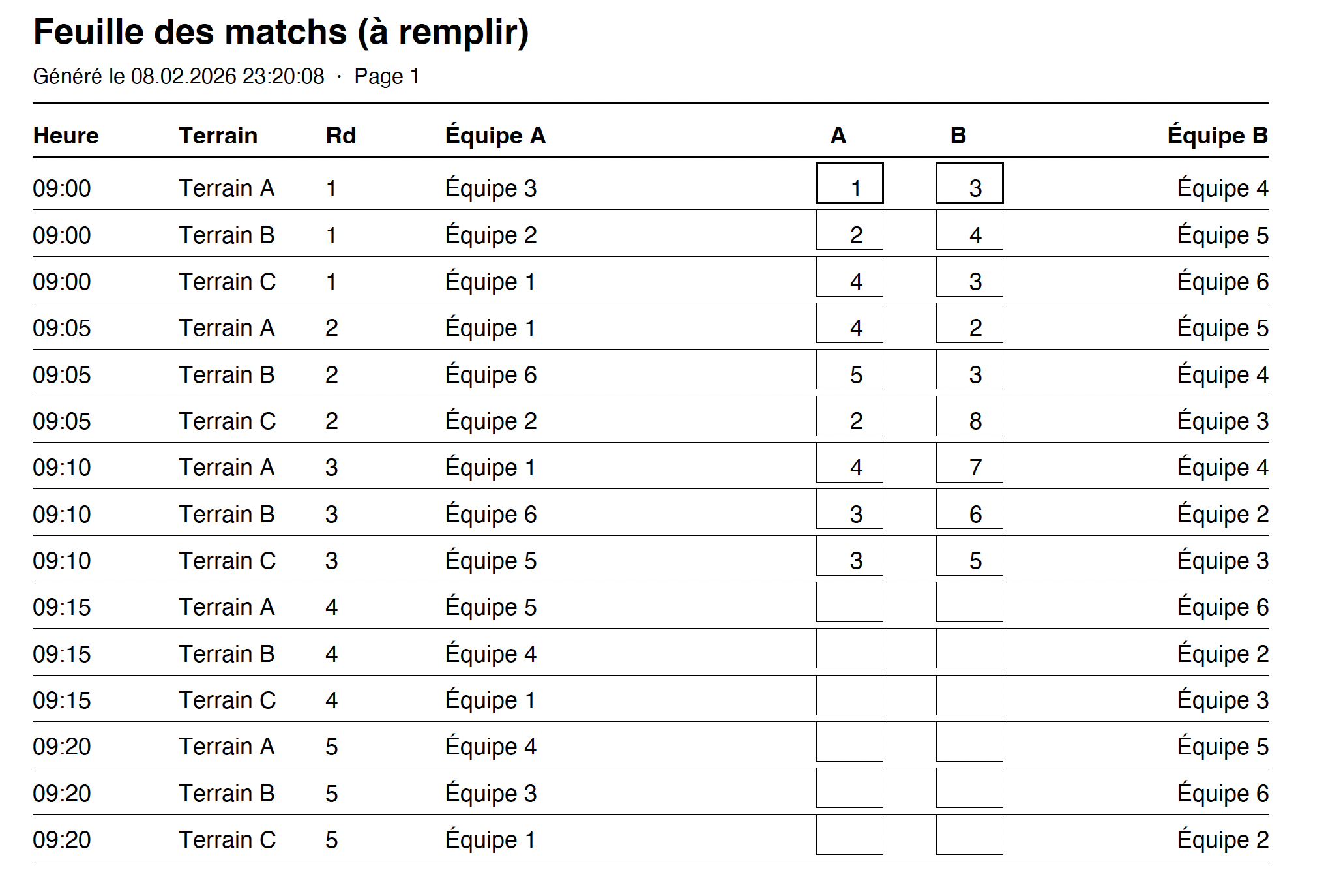Feuille des matchs à remplir