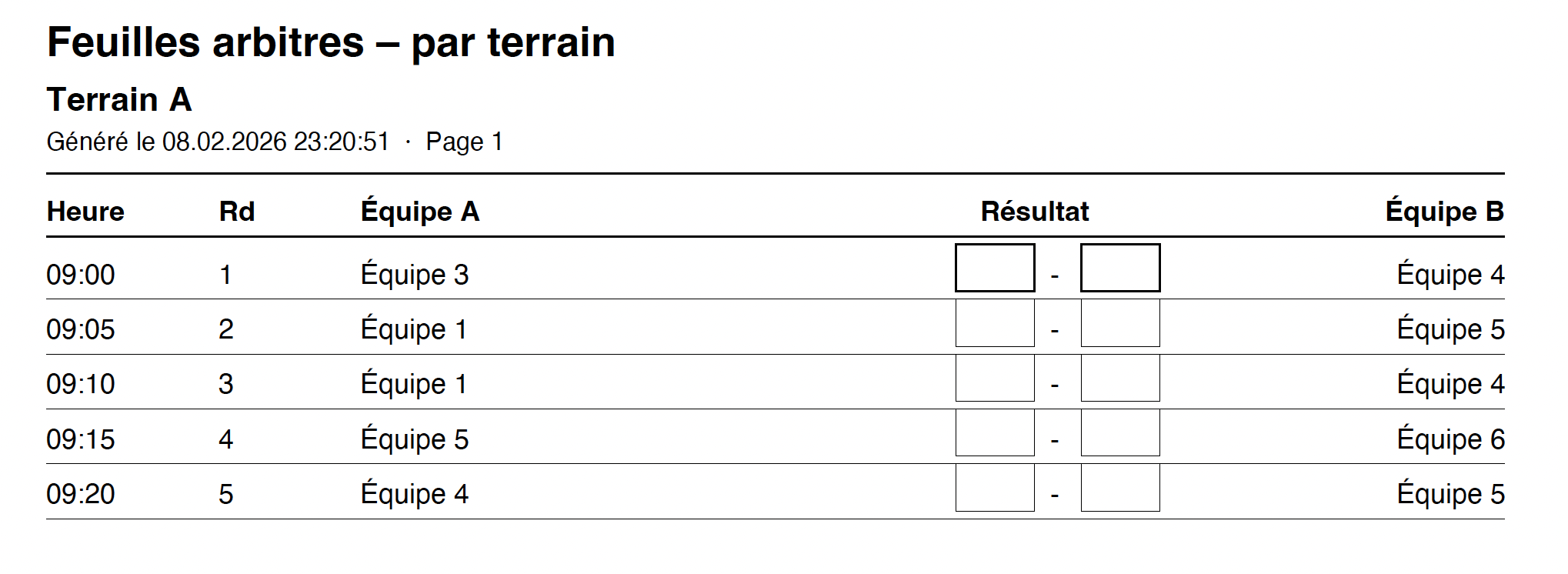 Feuilles arbitres par terrain